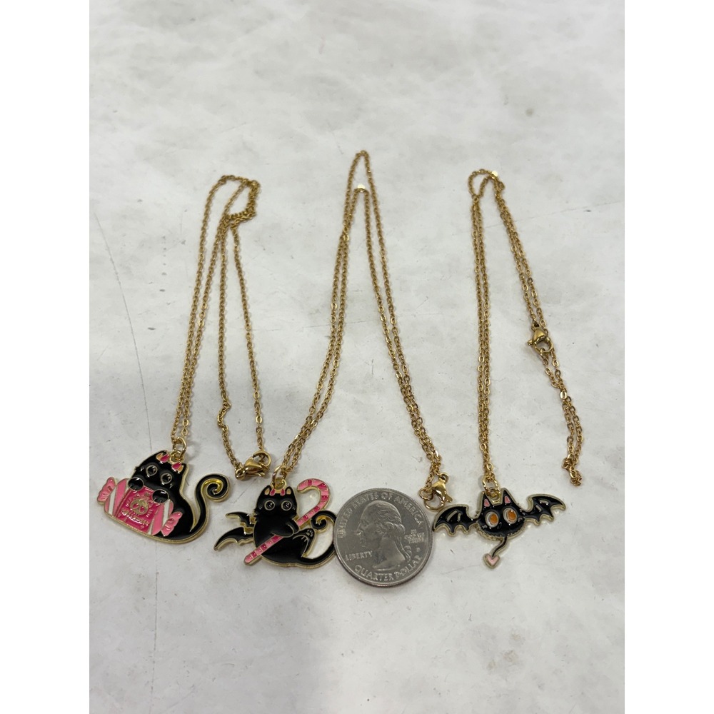 3pc Black Cat Enamel Necklace Set Halloween Spooky Cute Bat Cat Gold Tone Chain - Picture 2 of 5